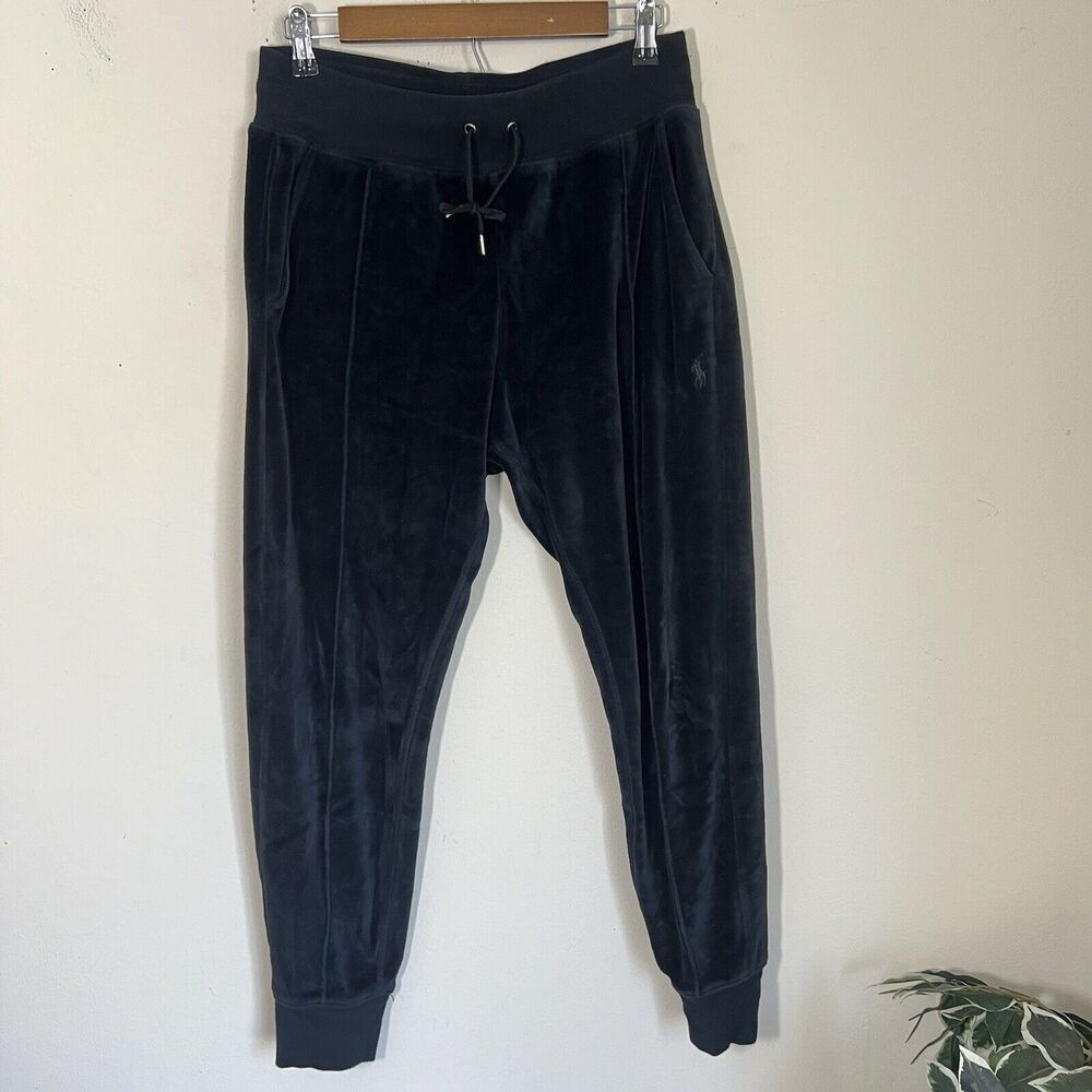 POLO RALPH LAUREN WOMENS SWEAT PANTS VELVET VELOUR JOGGER PONY Black Small